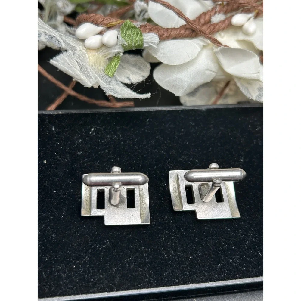 Swank VTG Silver Tone Geometric Interlocking Rectangular Cufflinks Mid Century